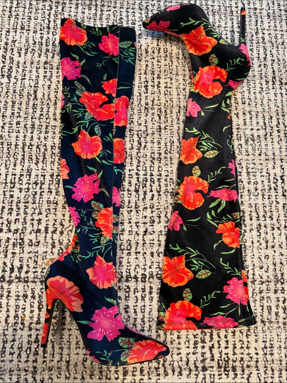 Floral Over-the-Knee Stiletto Boots - Black with Bright Floral Print